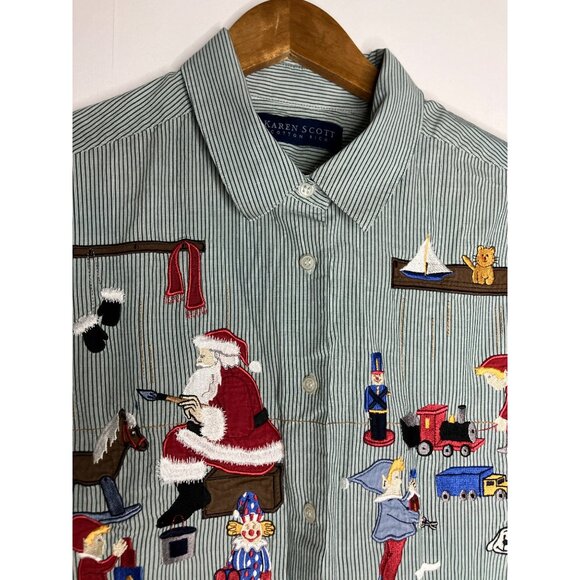 Karen Scott Christmas Embroidered Button-Up Shirt Santa Toys Green Striped - Picture 2 of 10